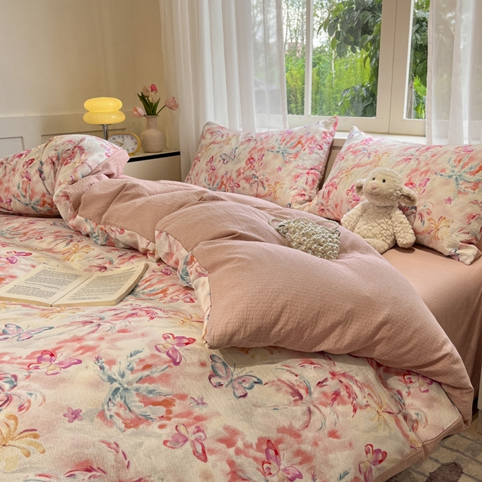 91家纺网 家纺一手货源 找家纺 王朝国际 2026爆款皱皱双层纱四件套浪漫之约