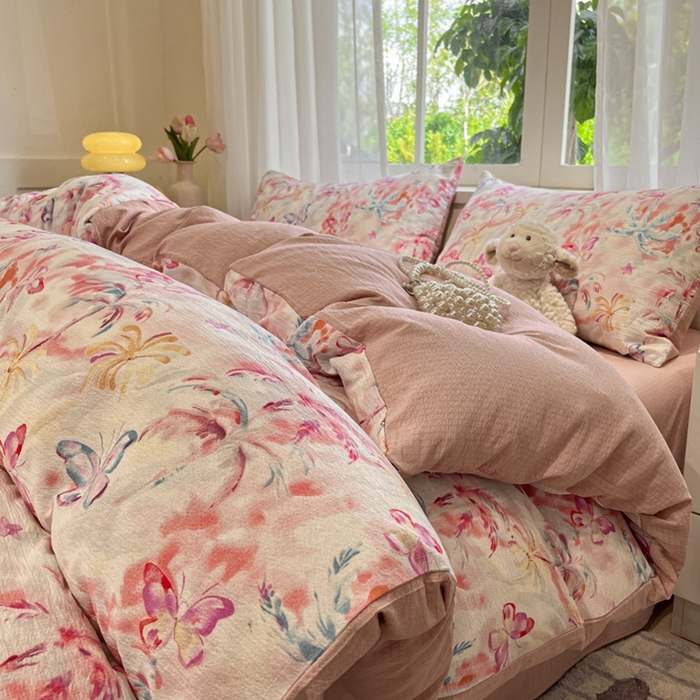 91家纺网 家纺一手货源 找家纺 王朝国际 2026爆款皱皱双层纱四件套浪漫之约