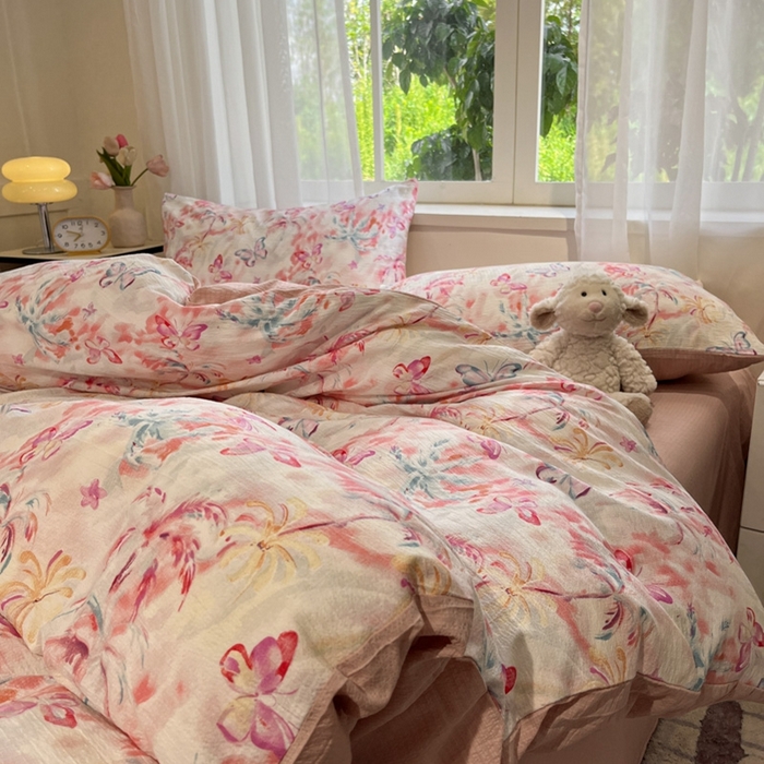 91家纺网 家纺一手货源 找家纺 王朝国际 2026爆款皱皱双层纱四件套浪漫之约