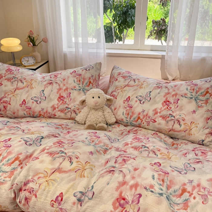 91家纺网 家纺一手货源 找家纺 王朝国际 2026爆款皱皱双层纱四件套浪漫之约