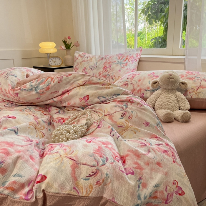 91家纺网 家纺一手货源 找家纺 王朝国际 2026爆款皱皱双层纱四件套浪漫之约