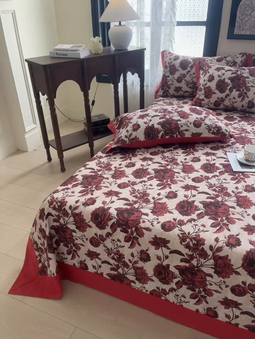 91家纺网 家纺一手货源 找家纺 慕梵家居2025新款100%全棉磨毛包边单床单 红色玫瑰