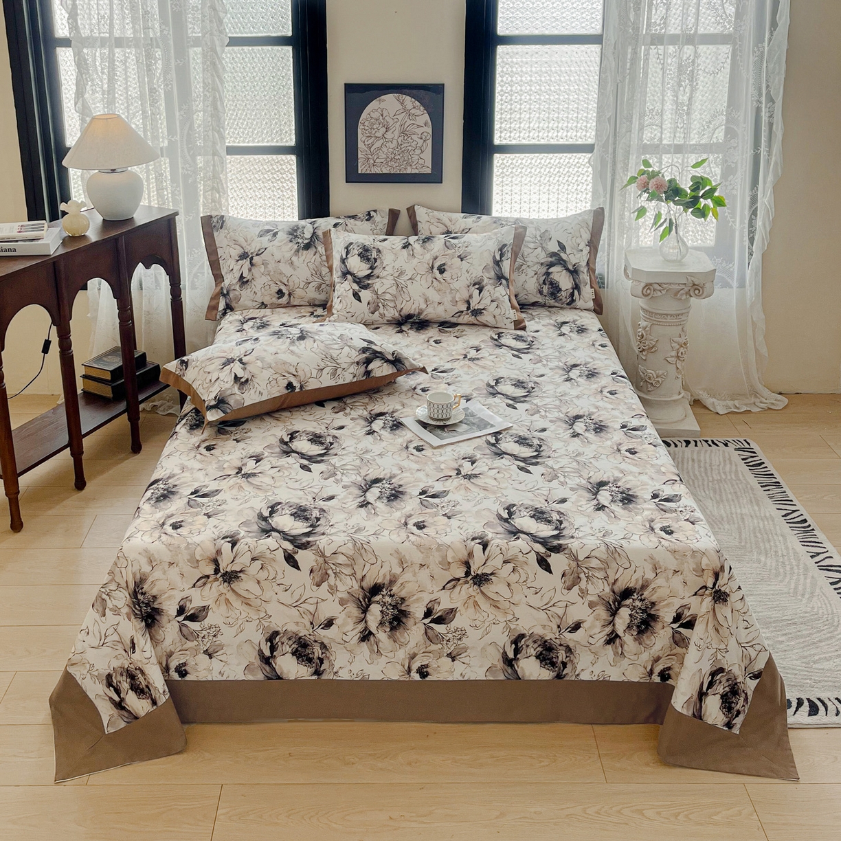 91家纺网 家纺一手货源 找家纺 慕梵家居2025新款100%全棉磨毛包边单床单 暮秋鎏金