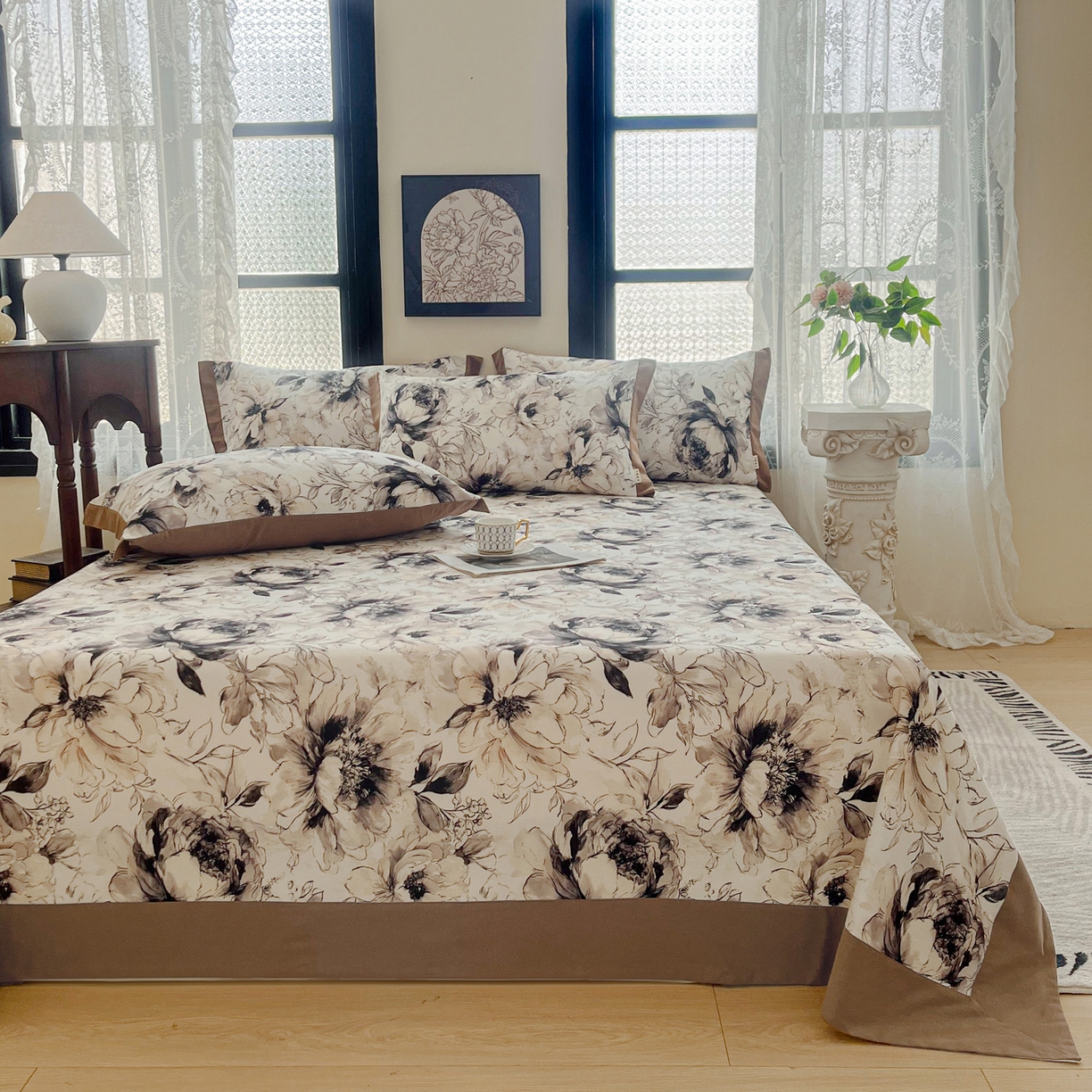 91家纺网 家纺一手货源 找家纺 慕梵家居2025新款100%全棉磨毛包边单床单 暮秋鎏金