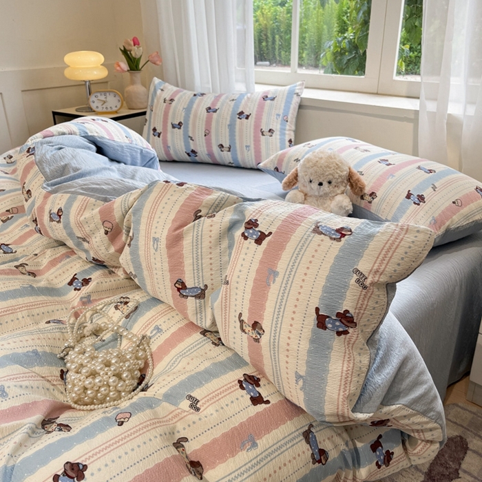 91家纺网 家纺一手货源 找家纺 王朝国际 2026爆款皱皱双层纱四件套小奶狗