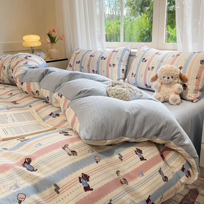 91家纺网 家纺一手货源 找家纺 王朝国际 2026爆款皱皱双层纱四件套小奶狗