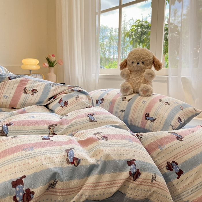 91家纺网 家纺一手货源 找家纺 王朝国际 2026爆款皱皱双层纱四件套小奶狗