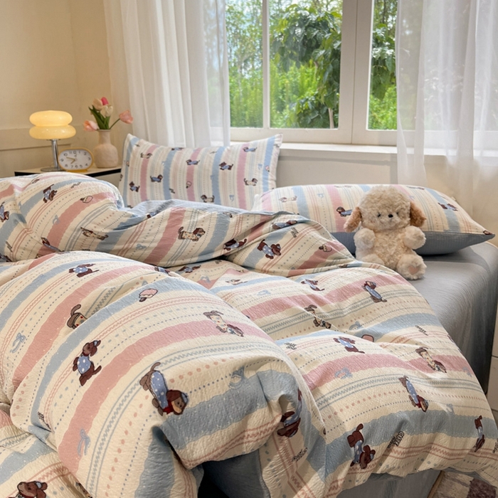 91家纺网 家纺一手货源 找家纺 王朝国际 2026爆款皱皱双层纱四件套小奶狗