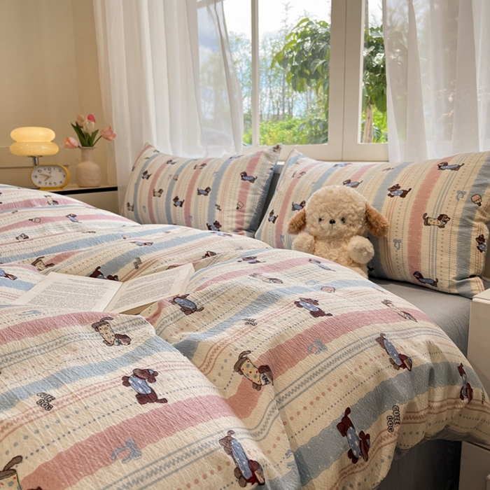 91家纺网 家纺一手货源 找家纺 王朝国际 2026爆款皱皱双层纱四件套小奶狗