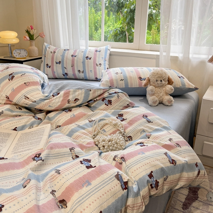 91家纺网 家纺一手货源 找家纺 王朝国际 2026爆款皱皱双层纱四件套小奶狗