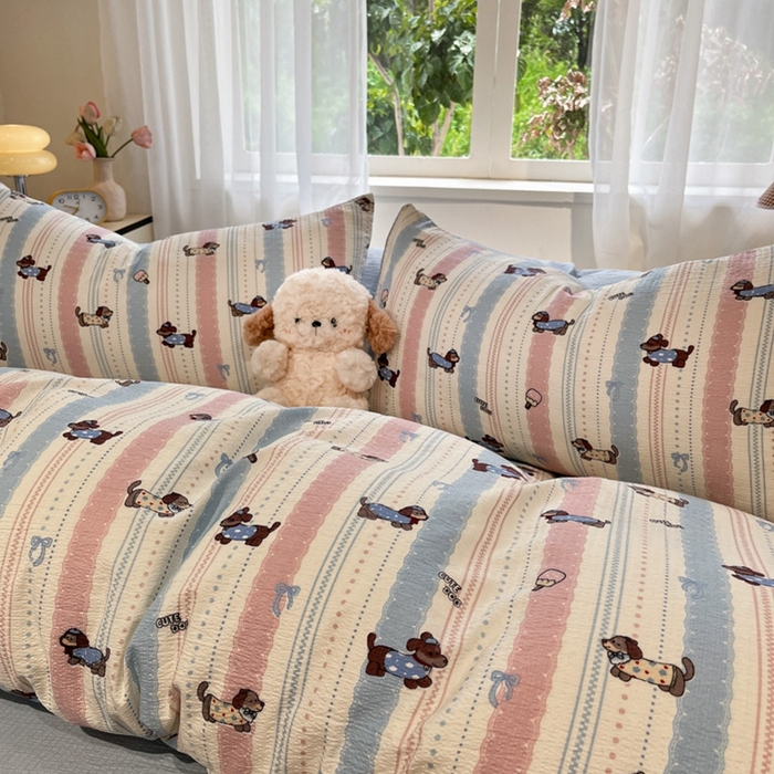 91家纺网 家纺一手货源 找家纺 王朝国际 2026爆款皱皱双层纱四件套小奶狗