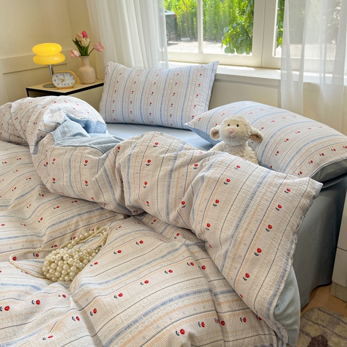 91家纺网 家纺一手货源 找家纺 王朝国际 2026爆款皱皱双层纱四件套郁金香