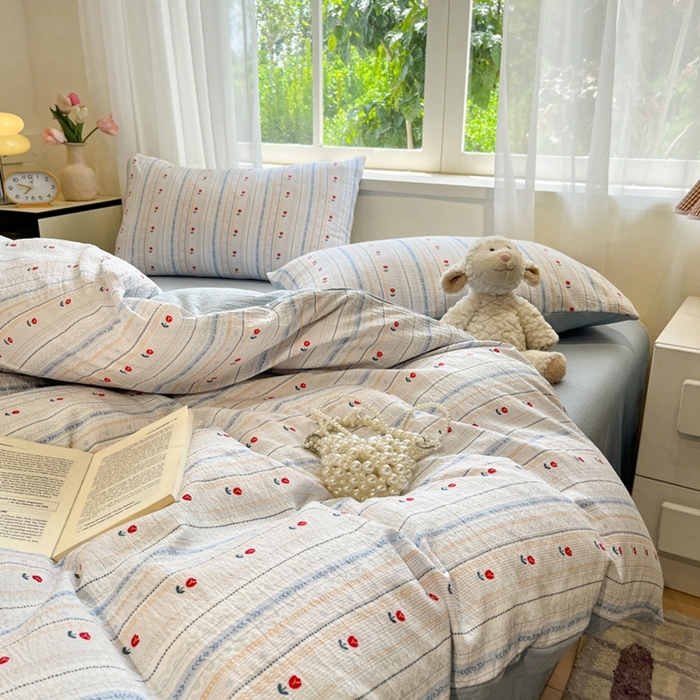 91家纺网 家纺一手货源 找家纺 王朝国际 2026爆款皱皱双层纱四件套郁金香