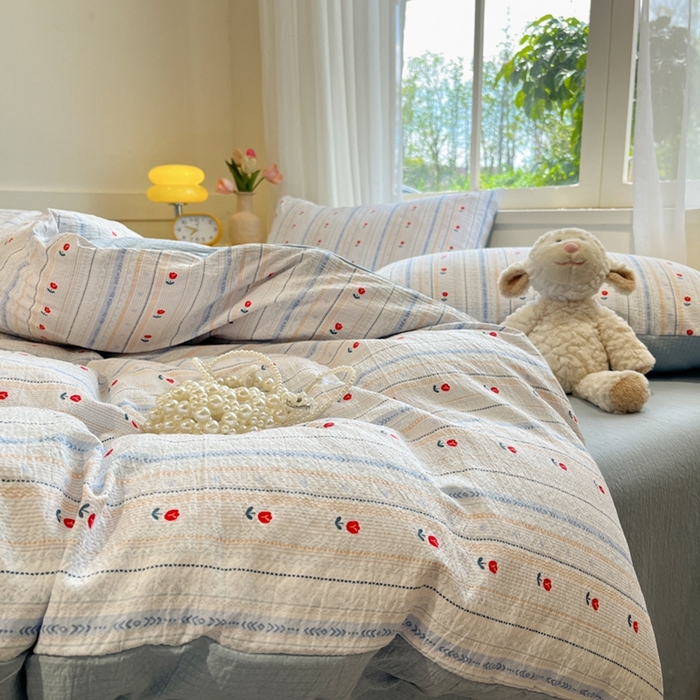 91家纺网 家纺一手货源 找家纺 王朝国际 2026爆款皱皱双层纱四件套郁金香