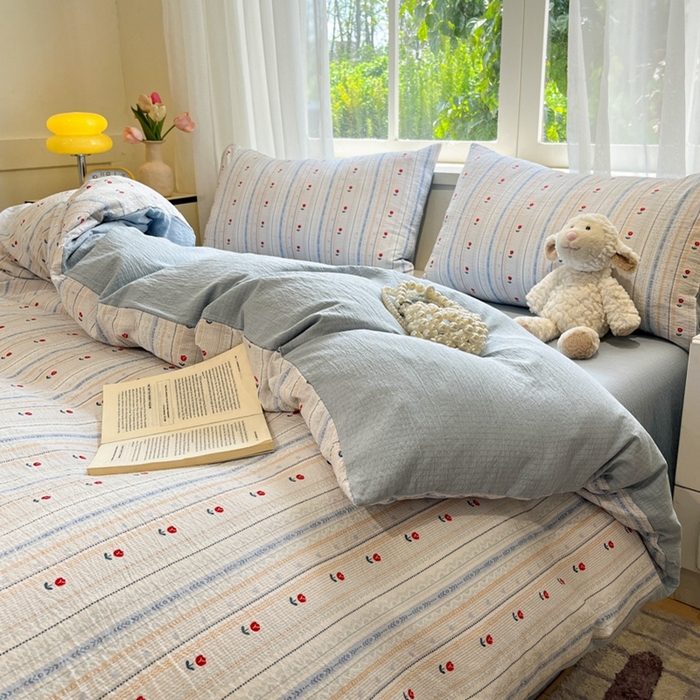 91家纺网 家纺一手货源 找家纺 王朝国际 2026爆款皱皱双层纱四件套郁金香