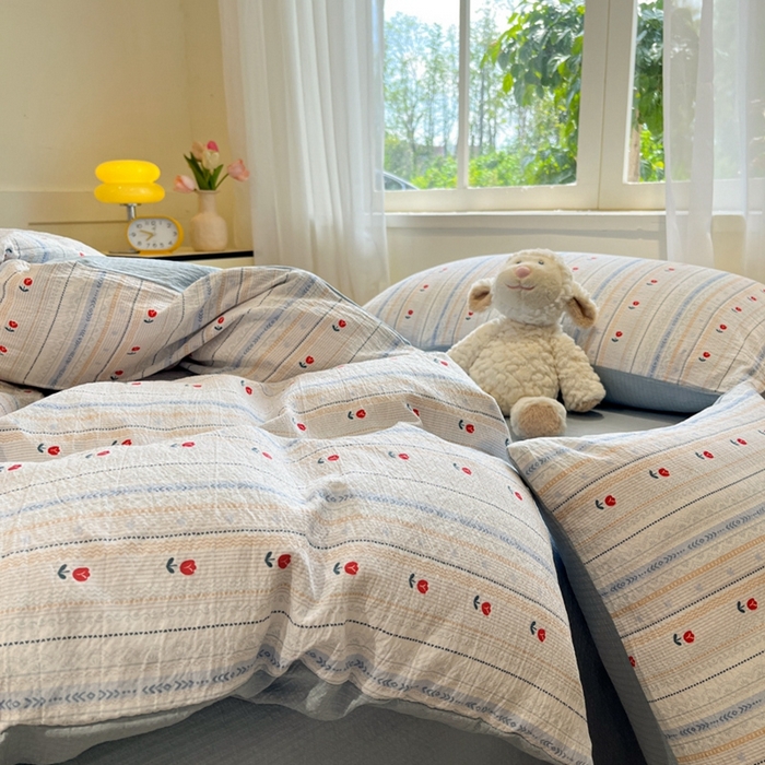 91家纺网 家纺一手货源 找家纺 王朝国际 2026爆款皱皱双层纱四件套郁金香