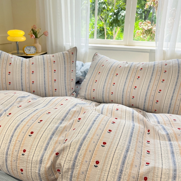 91家纺网 家纺一手货源 找家纺 王朝国际 2026爆款皱皱双层纱四件套郁金香