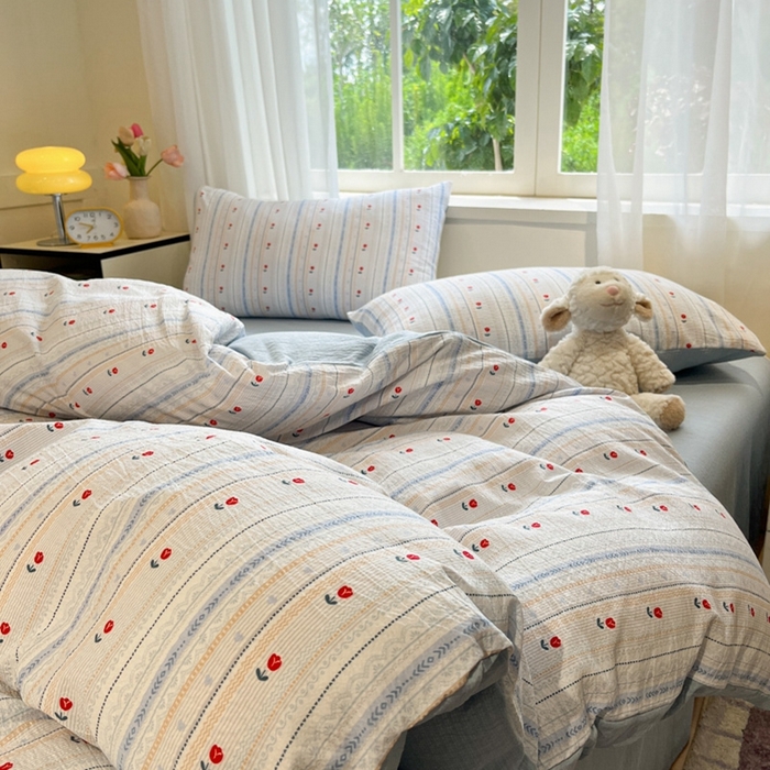 91家纺网 家纺一手货源 找家纺 王朝国际 2026爆款皱皱双层纱四件套郁金香