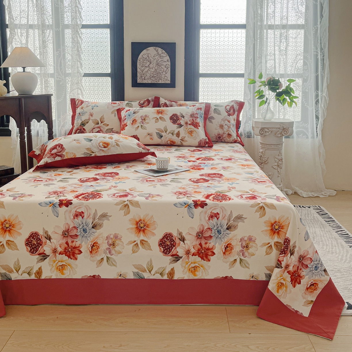 91家纺网 家纺一手货源 找家纺 慕梵家居2025新款100%全棉磨毛包边单床单 石榴花红