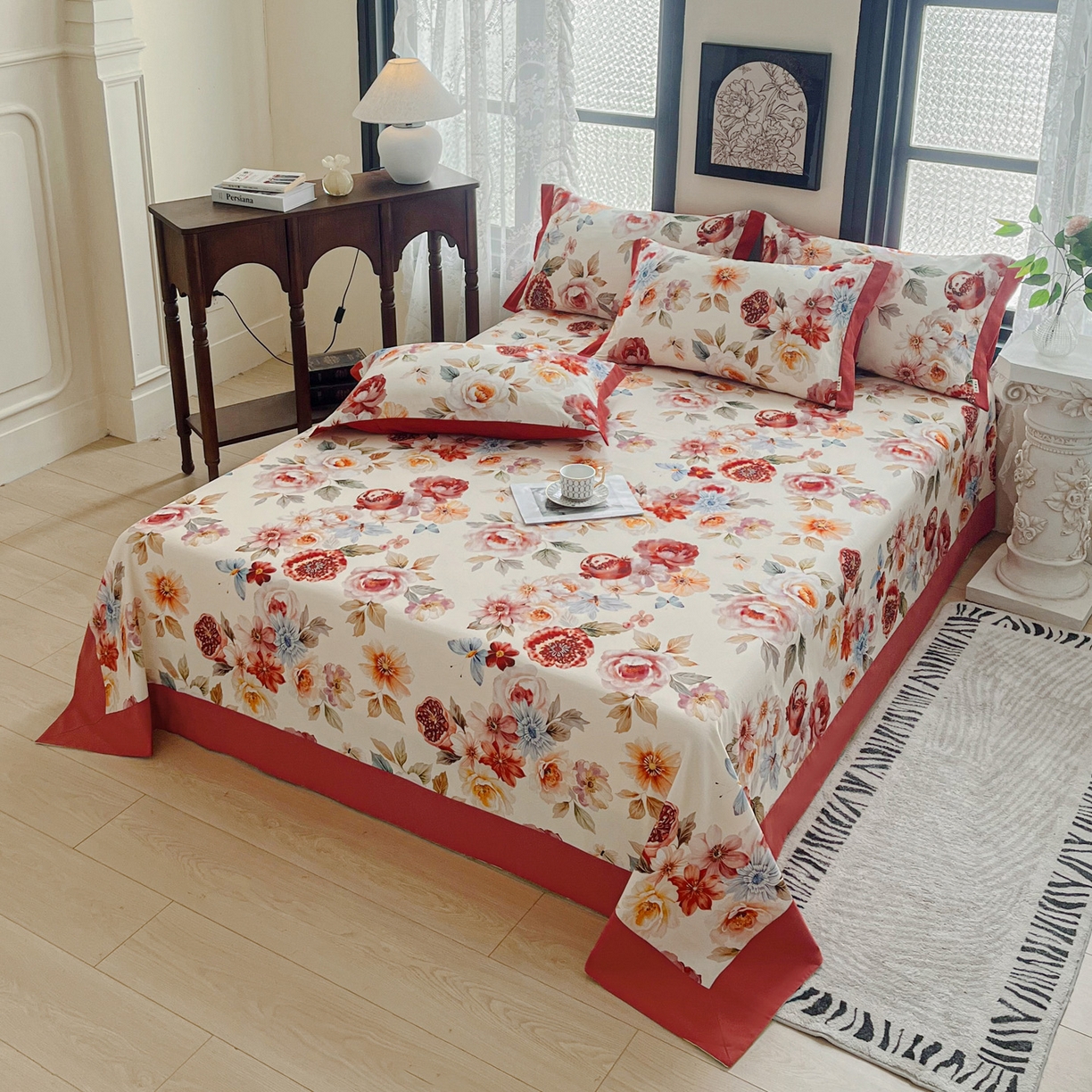 91家纺网 家纺一手货源 找家纺 慕梵家居2025新款100%全棉磨毛包边单床单 石榴花红