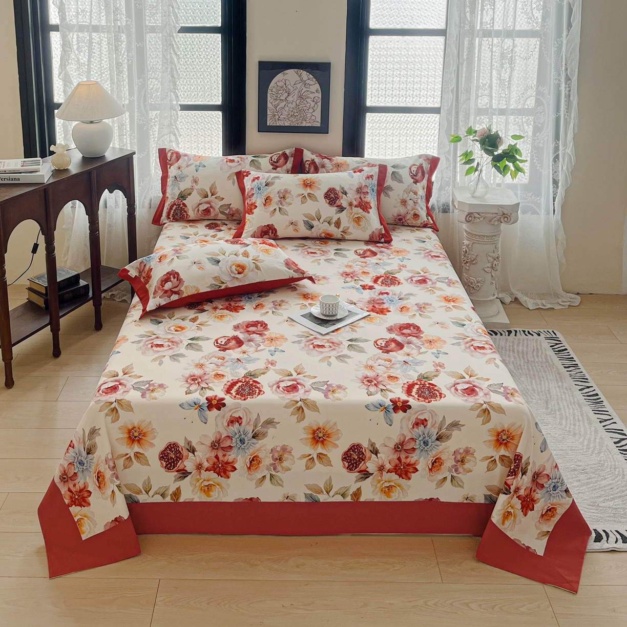 91家纺网 家纺一手货源 找家纺 慕梵家居2025新款100%全棉磨毛包边单床单 石榴花红