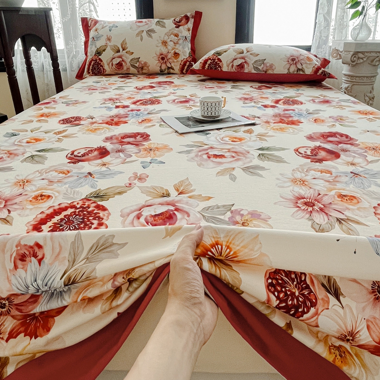 91家纺网 家纺一手货源 找家纺 慕梵家居2025新款100%全棉磨毛包边单床单 石榴花红