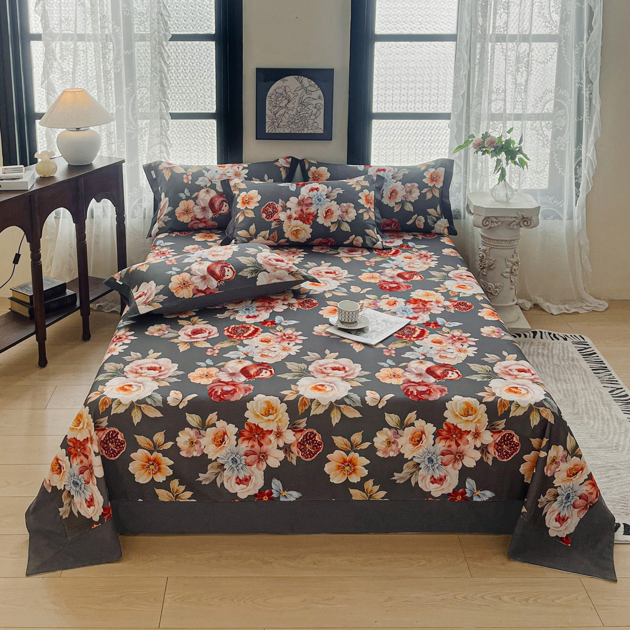 91家纺网 家纺一手货源 找家纺 慕梵家居2025新款100%全棉磨毛包边单床单 石榴花灰