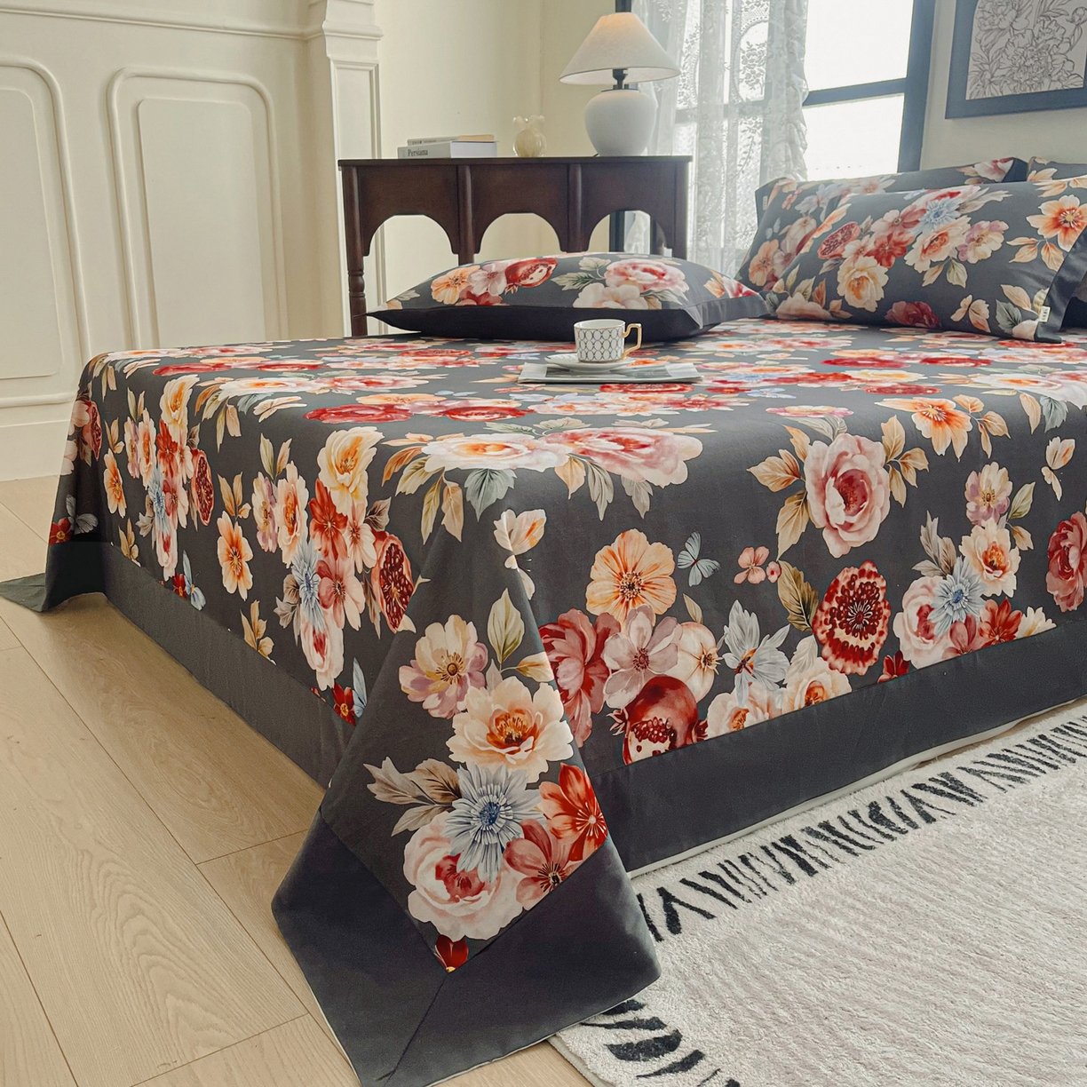 91家纺网 家纺一手货源 找家纺 慕梵家居2025新款100%全棉磨毛包边单床单 石榴花灰