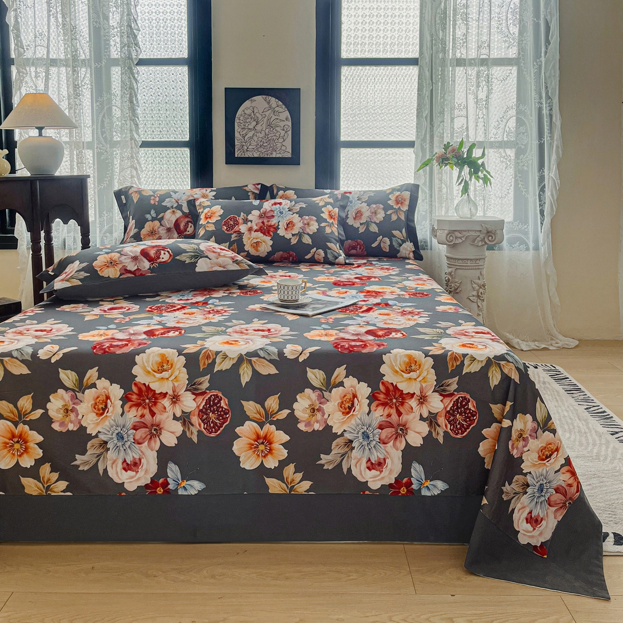 91家纺网 家纺一手货源 找家纺 慕梵家居2025新款100%全棉磨毛包边单床单 石榴花灰