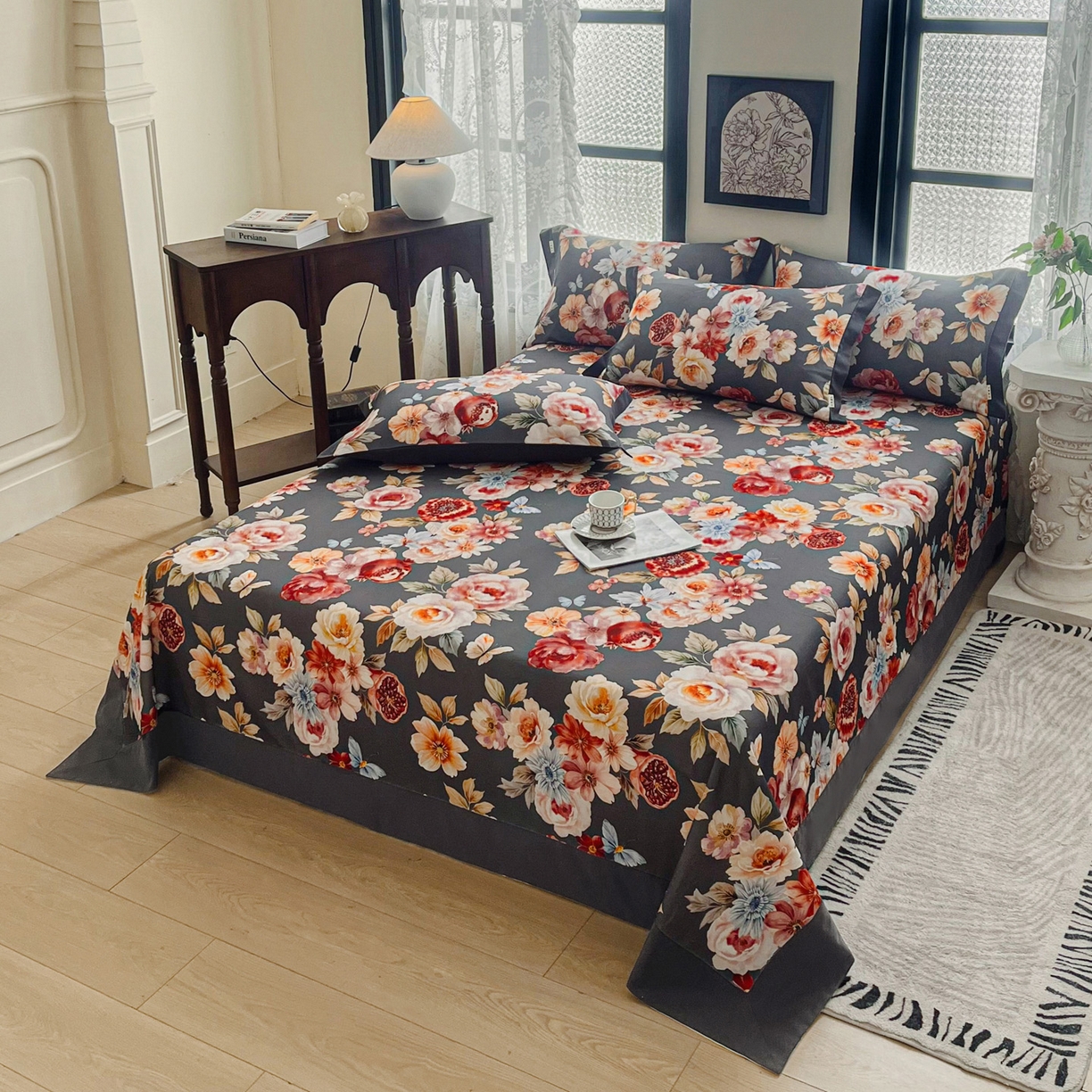 91家纺网 家纺一手货源 找家纺 慕梵家居2025新款100%全棉磨毛包边单床单 石榴花灰