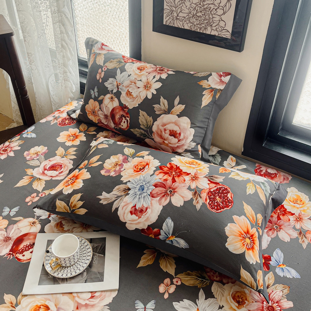 91家纺网 家纺一手货源 找家纺 慕梵家居2025新款100%全棉磨毛包边单床单 石榴花灰