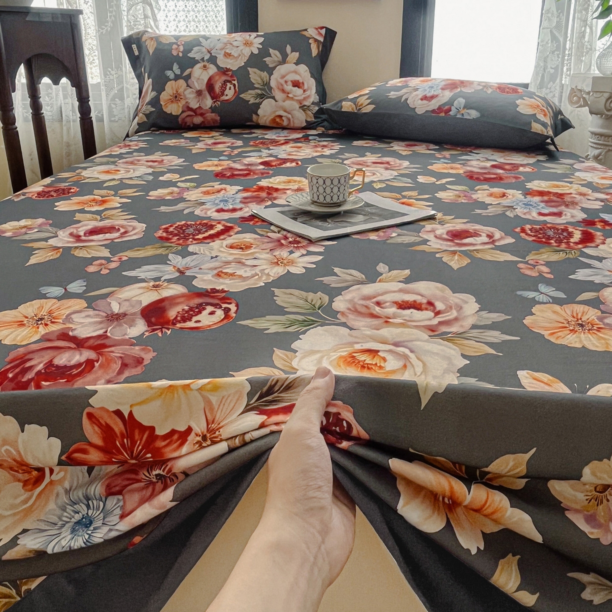 91家纺网 家纺一手货源 找家纺 慕梵家居2025新款100%全棉磨毛包边单床单 石榴花灰