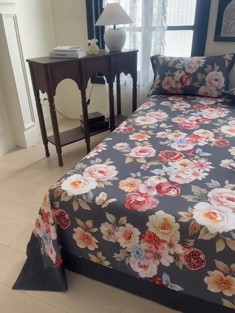 91家纺网 家纺一手货源 找家纺 慕梵家居2025新款100%全棉磨毛包边单床单 石榴花灰