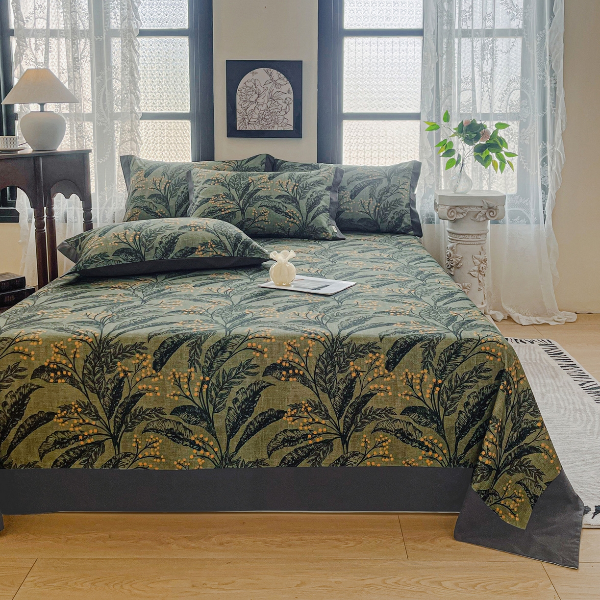 91家纺网 家纺一手货源 找家纺 慕梵家居2025新款100%全棉磨毛包边单床单 硕果累累