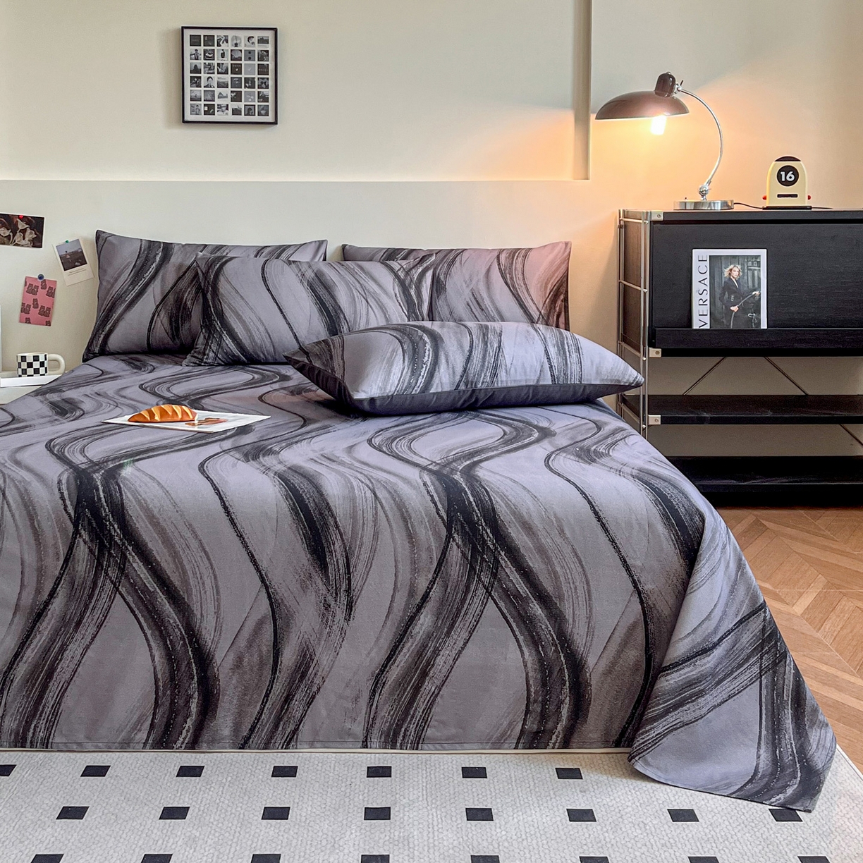 91家纺网 家纺一手货源 找家纺 慕梵家居2025新款100%全棉磨毛单床单 几何灰