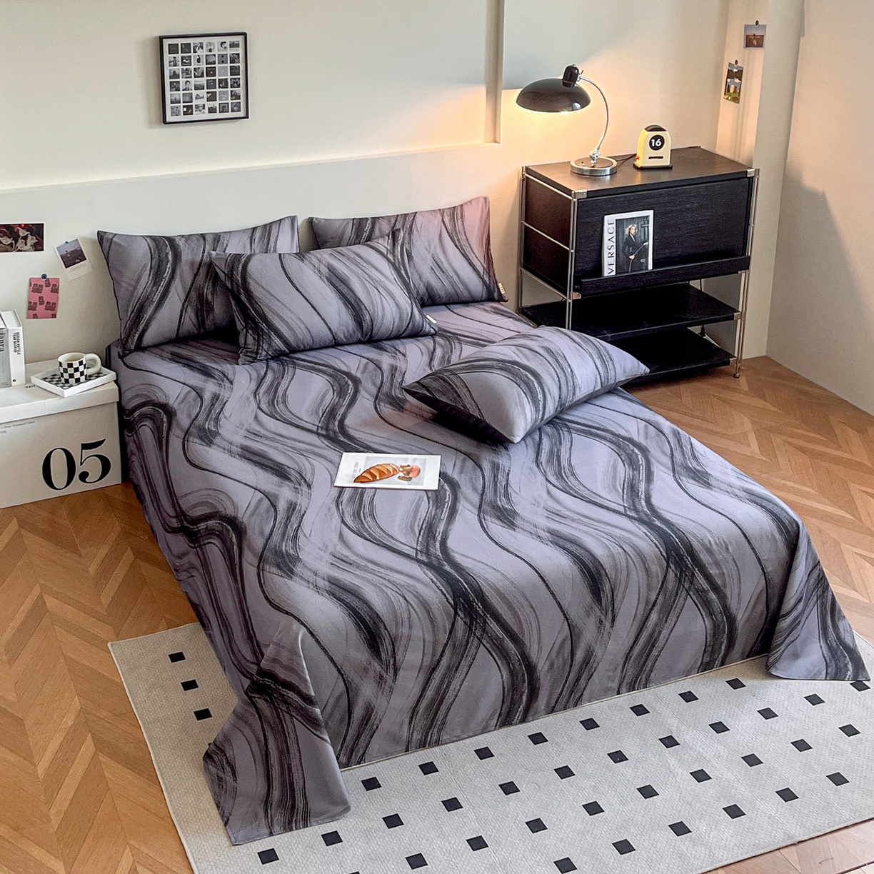 91家纺网 家纺一手货源 找家纺 慕梵家居2025新款100%全棉磨毛单床单 几何灰