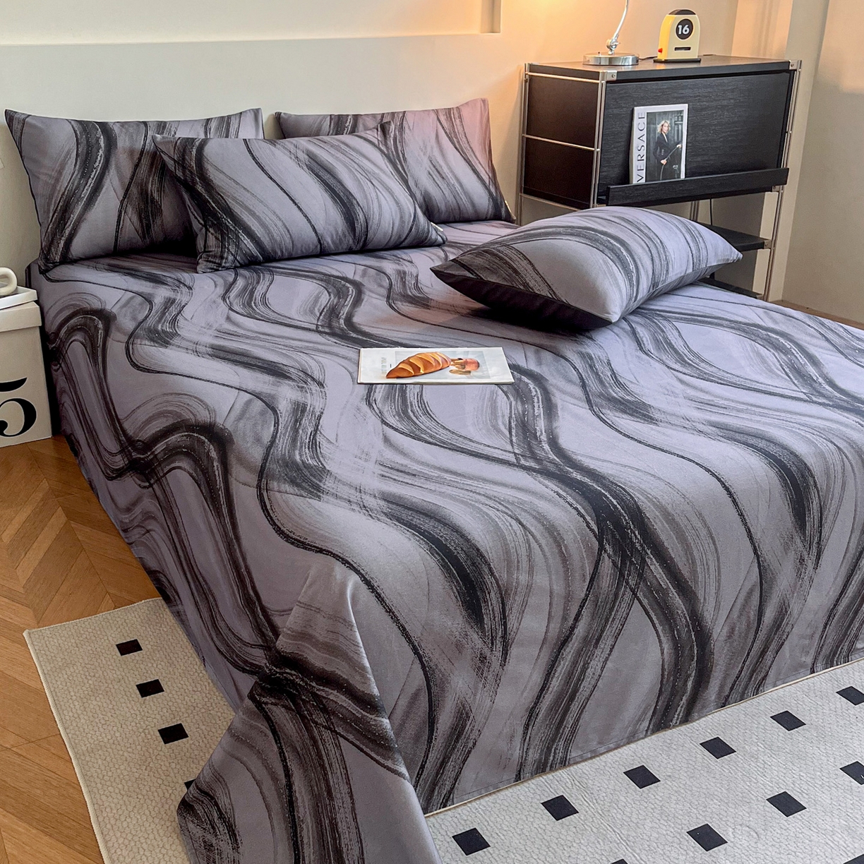 91家纺网 家纺一手货源 找家纺 慕梵家居2025新款100%全棉磨毛单床单 几何灰