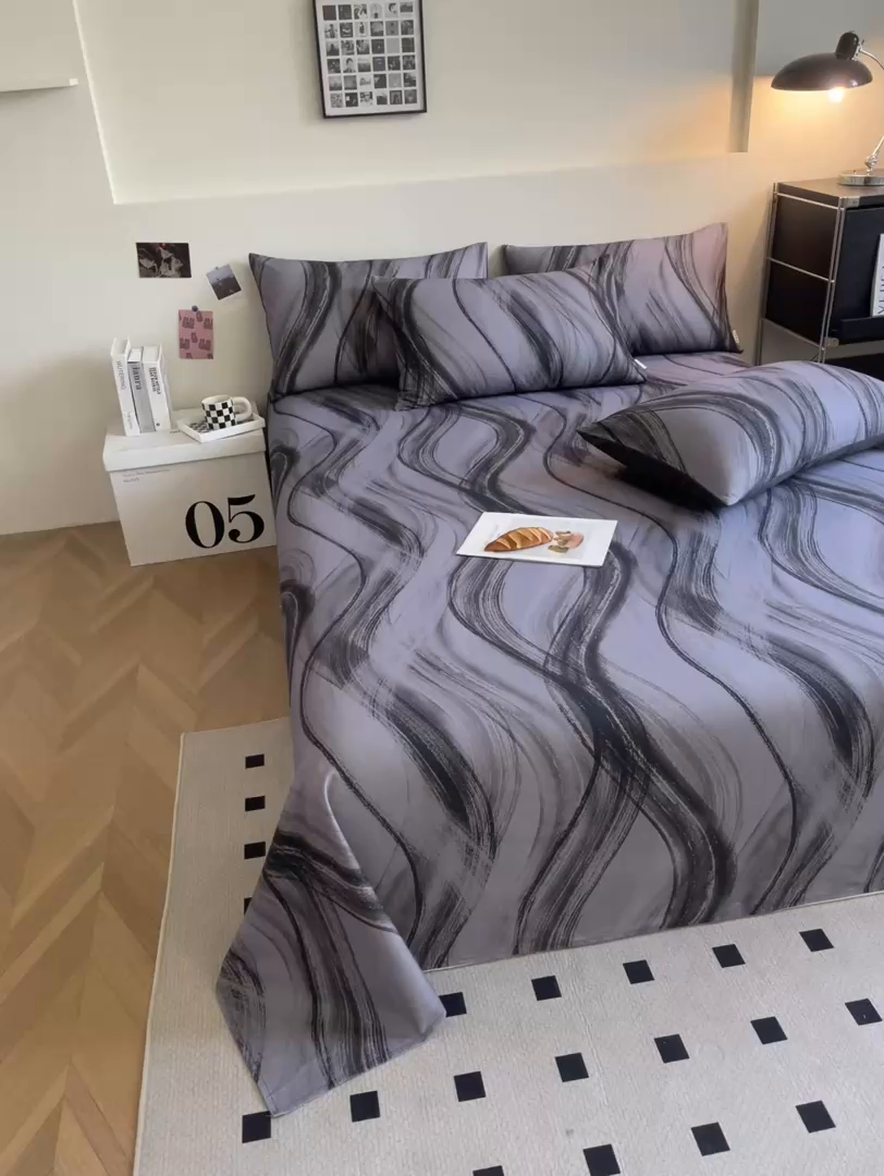 91家纺网 家纺一手货源 找家纺 慕梵家居2025新款100%全棉磨毛单床单 几何灰