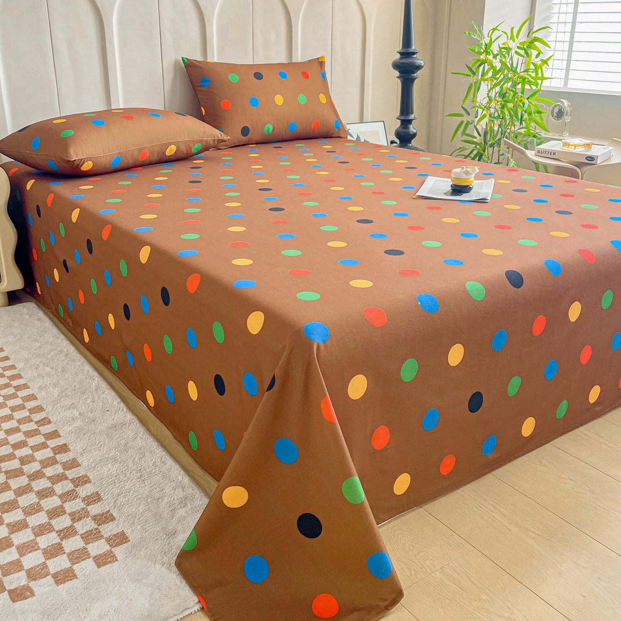 91家纺网 家纺一手货源 找家纺 慕梵家居2025新款100%全棉磨毛单床单 七彩波点