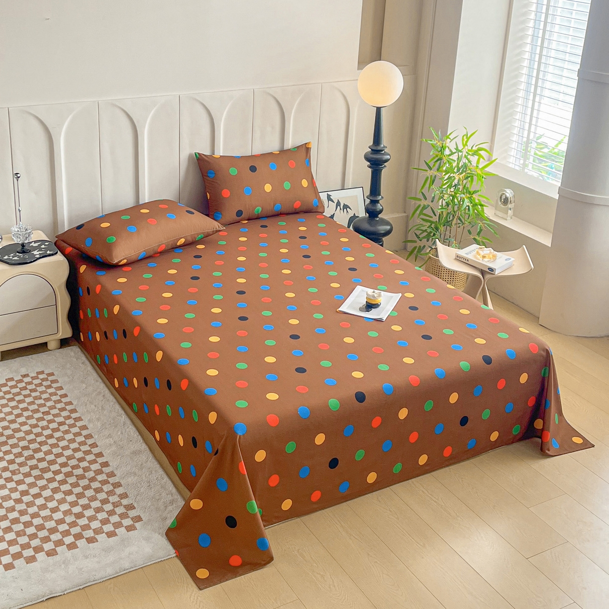 91家纺网 家纺一手货源 找家纺 慕梵家居2025新款100%全棉磨毛单床单 七彩波点