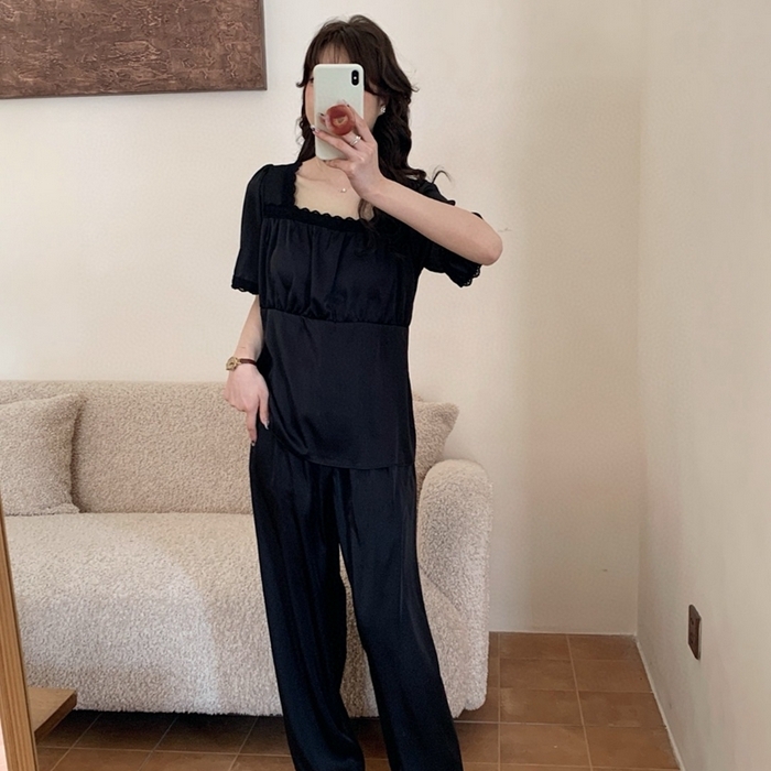 91家纺网 家纺一手货源 找家纺 （总）妍景家居生活馆 2025新款25619-冰丝方领短袖蕾丝花边套装