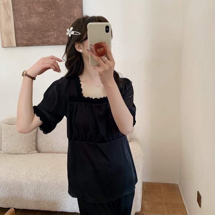 91家纺网 家纺一手货源 找家纺 （总）妍景家居生活馆 2025新款25619-冰丝方领短袖蕾丝花边套装