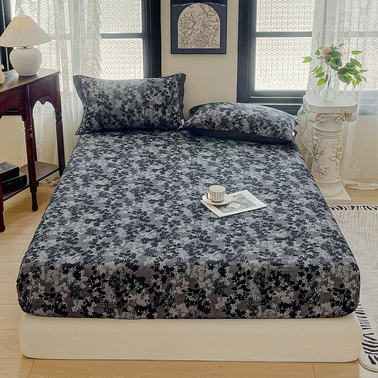 91家纺网 家纺一手货源 找家纺 慕梵家居2025新款100%全棉磨毛包边款床笠 繁花藤叙