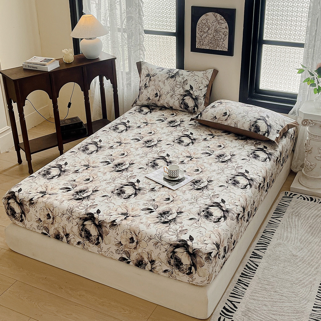 91家纺网 家纺一手货源 找家纺 慕梵家居2025新款100%全棉磨毛包边款床笠 暮秋鎏金