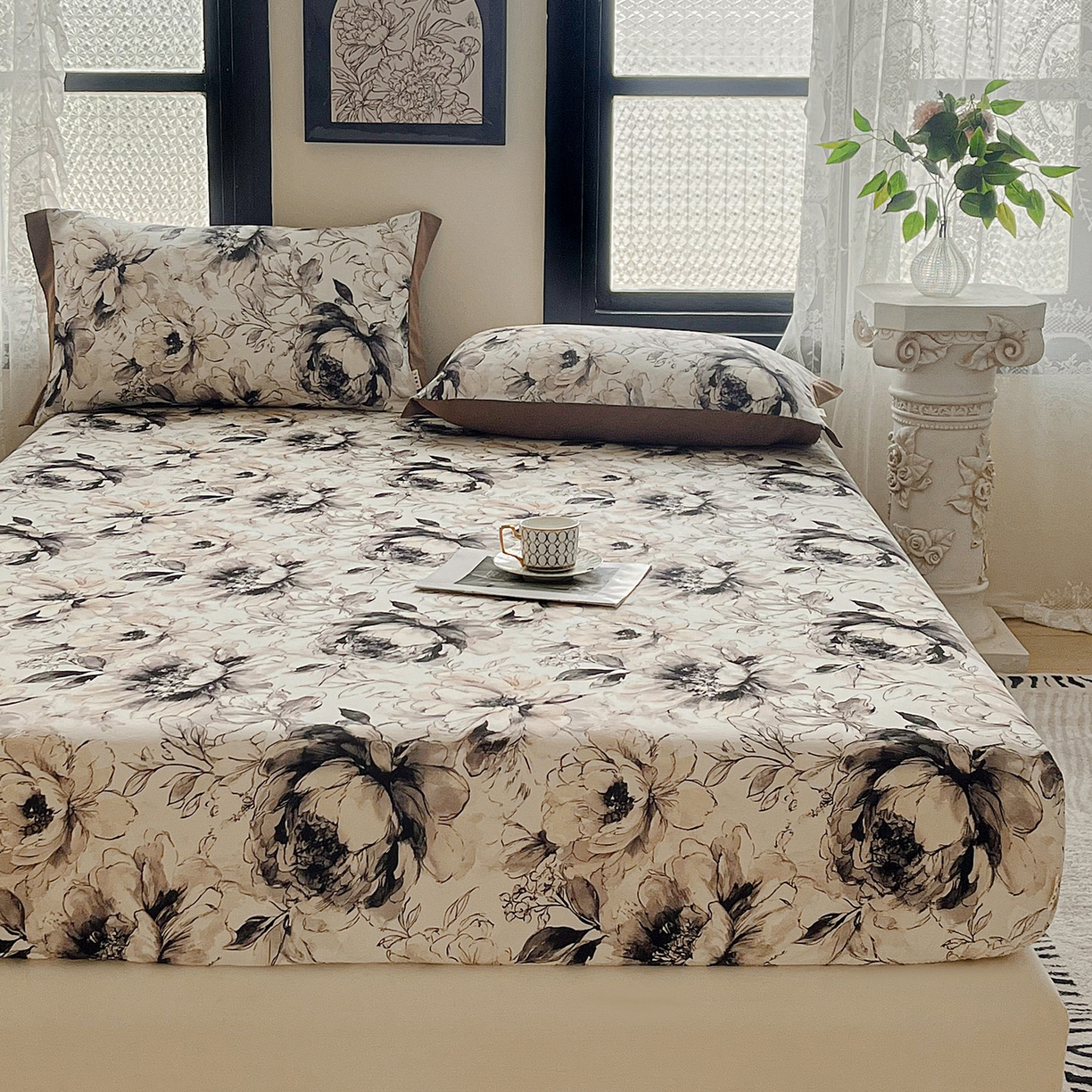 91家纺网 家纺一手货源 找家纺 慕梵家居2025新款100%全棉磨毛包边款床笠 暮秋鎏金