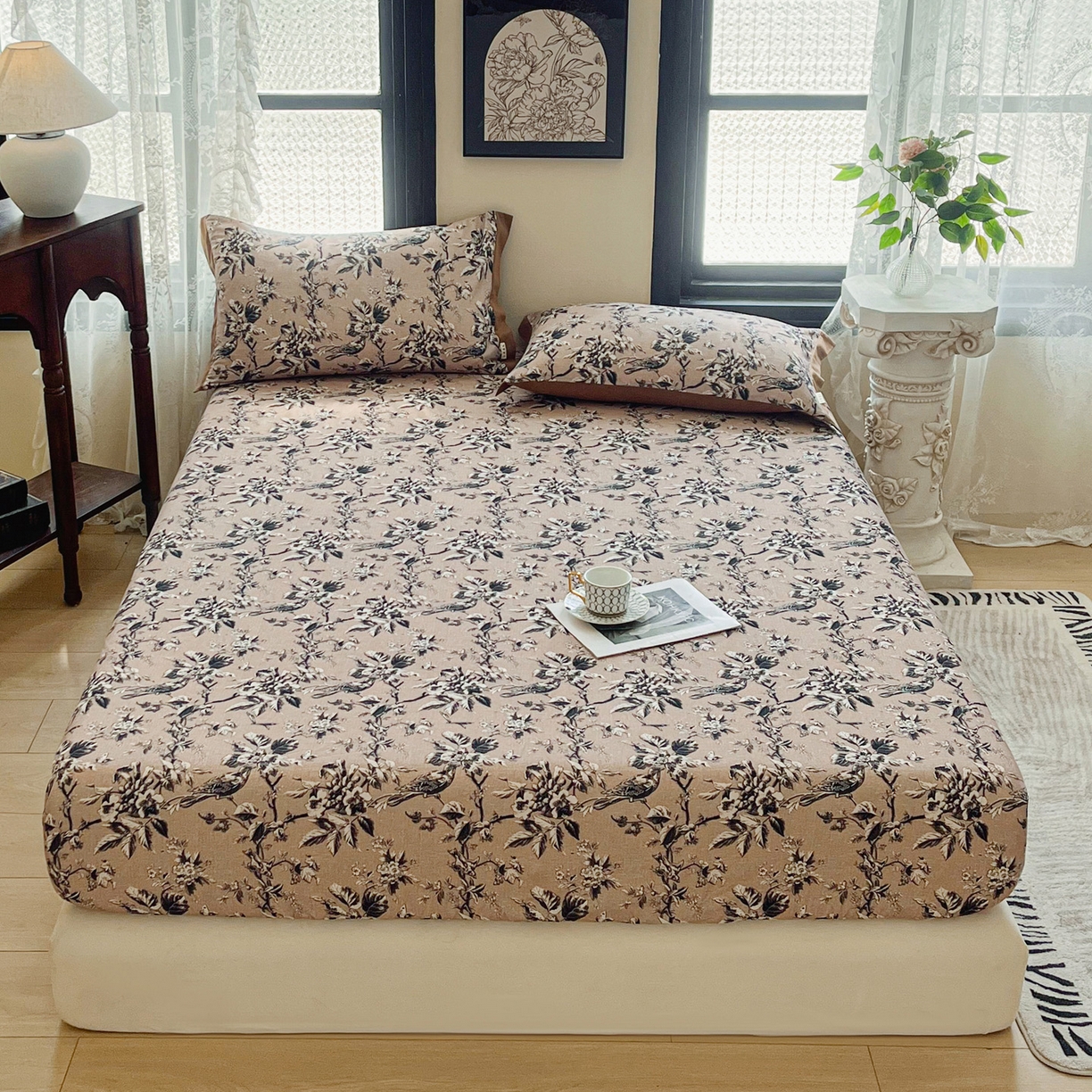 91家纺网 家纺一手货源 找家纺 慕梵家居2025新款100%全棉磨毛包边款床笠 甜梦茶语