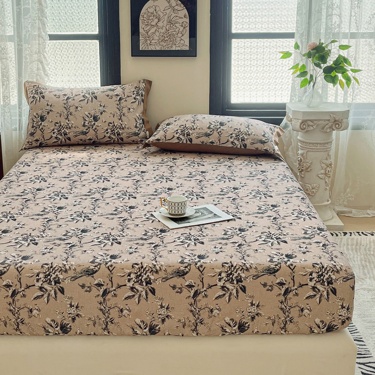 91家纺网 家纺一手货源 找家纺 慕梵家居2025新款100%全棉磨毛包边款床笠 甜梦茶语