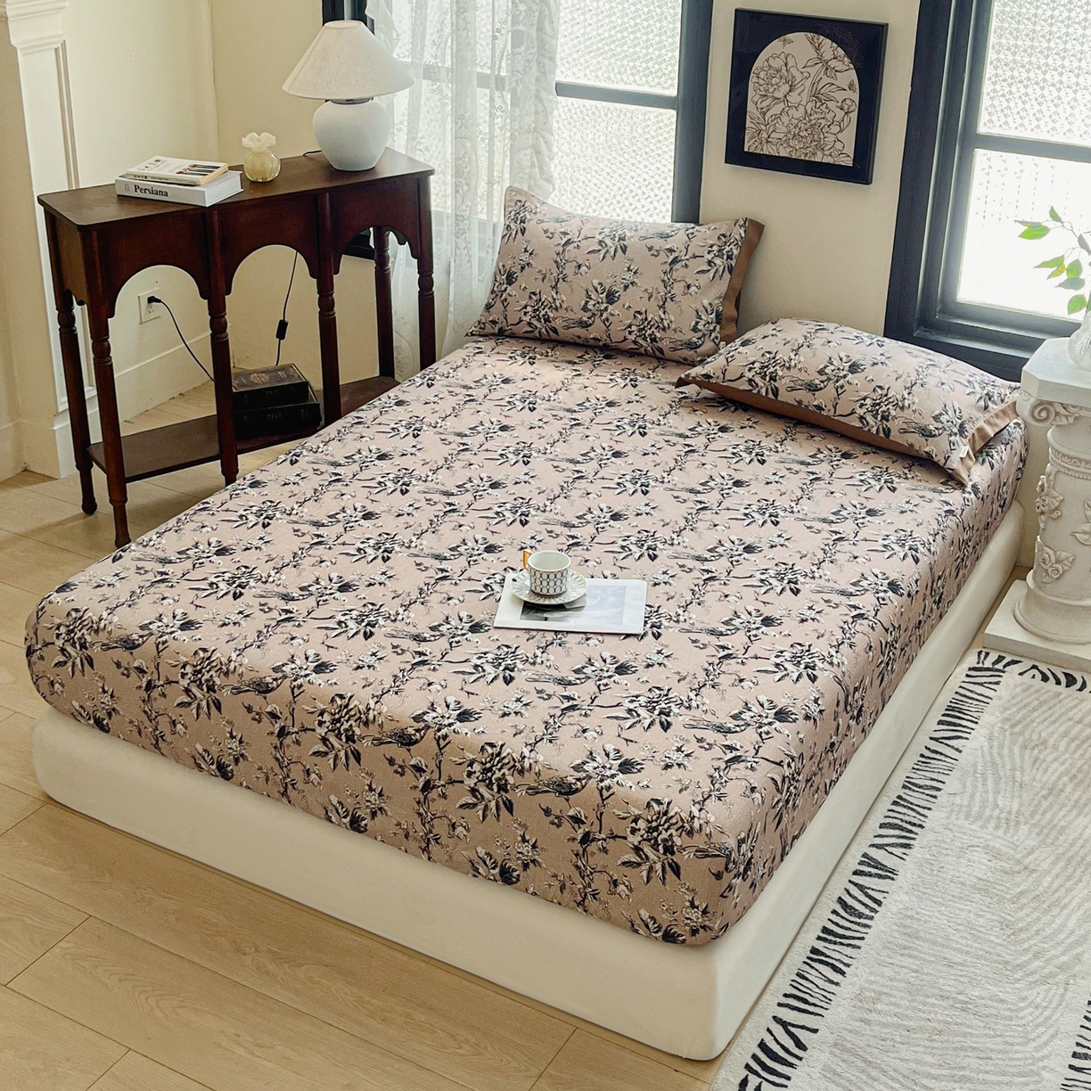 91家纺网 家纺一手货源 找家纺 慕梵家居2025新款100%全棉磨毛包边款床笠 甜梦茶语