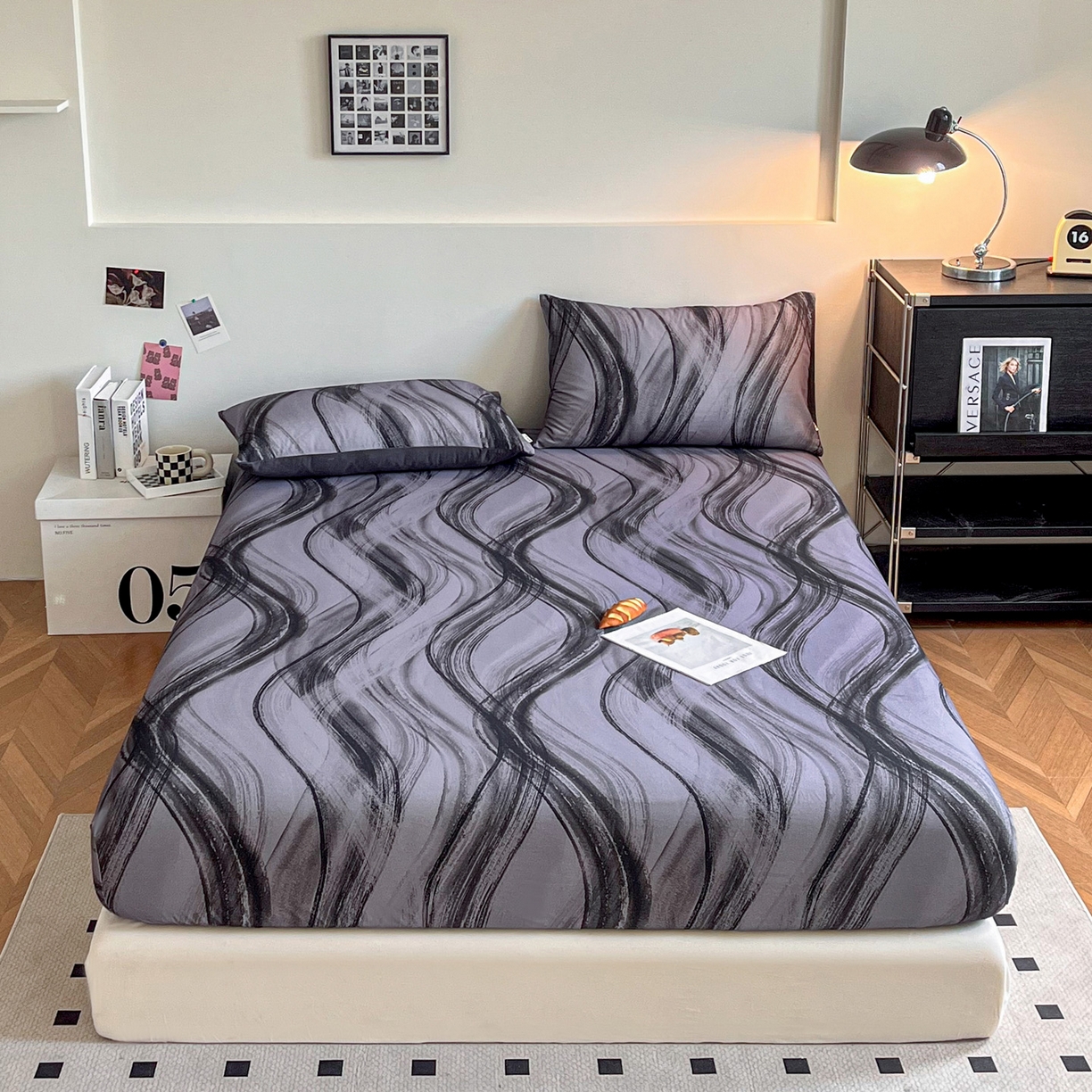 91家纺网 家纺一手货源 找家纺 慕梵家居2025新款100%全棉磨毛单床笠 几何灰