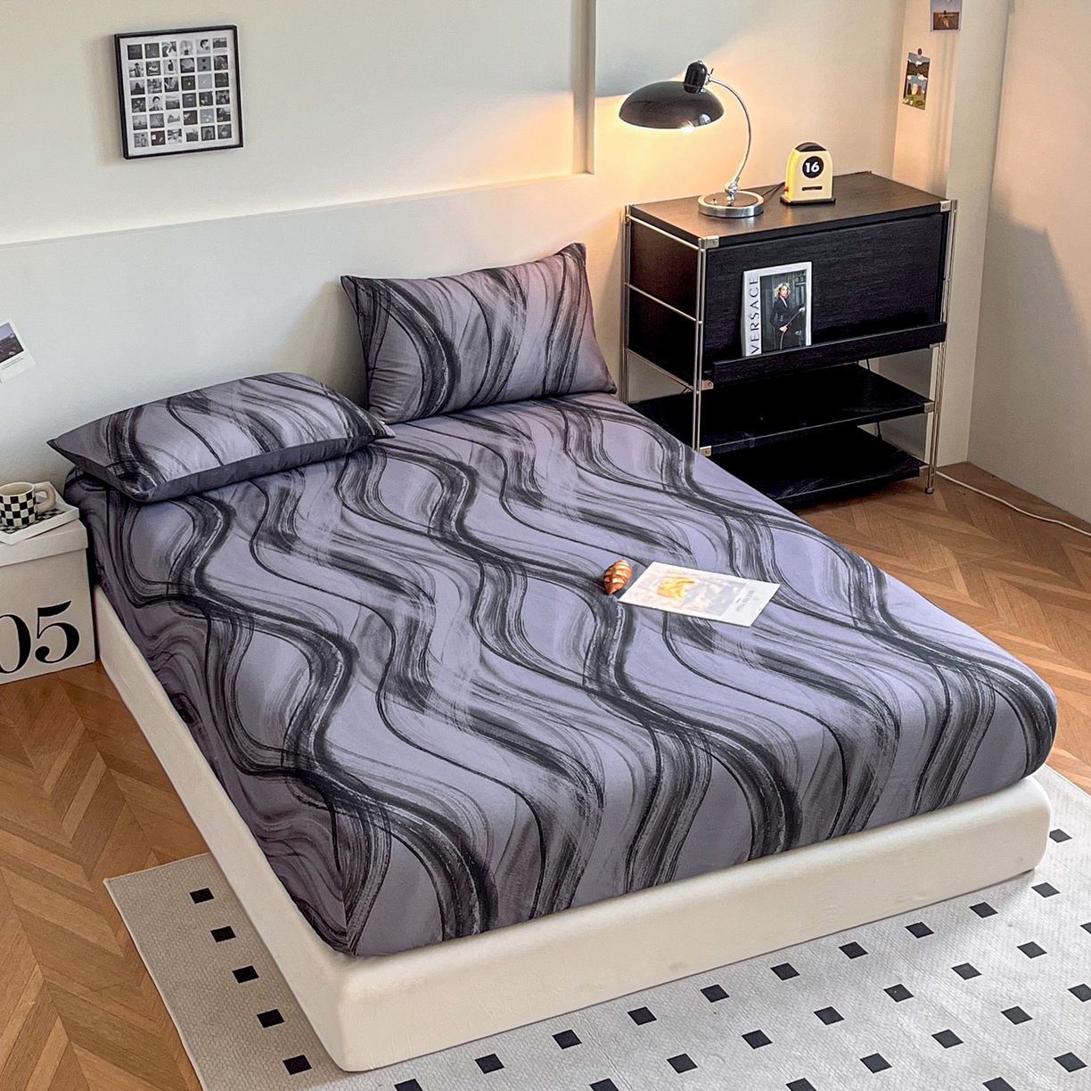 91家纺网 家纺一手货源 找家纺 慕梵家居2025新款100%全棉磨毛单床笠 几何灰